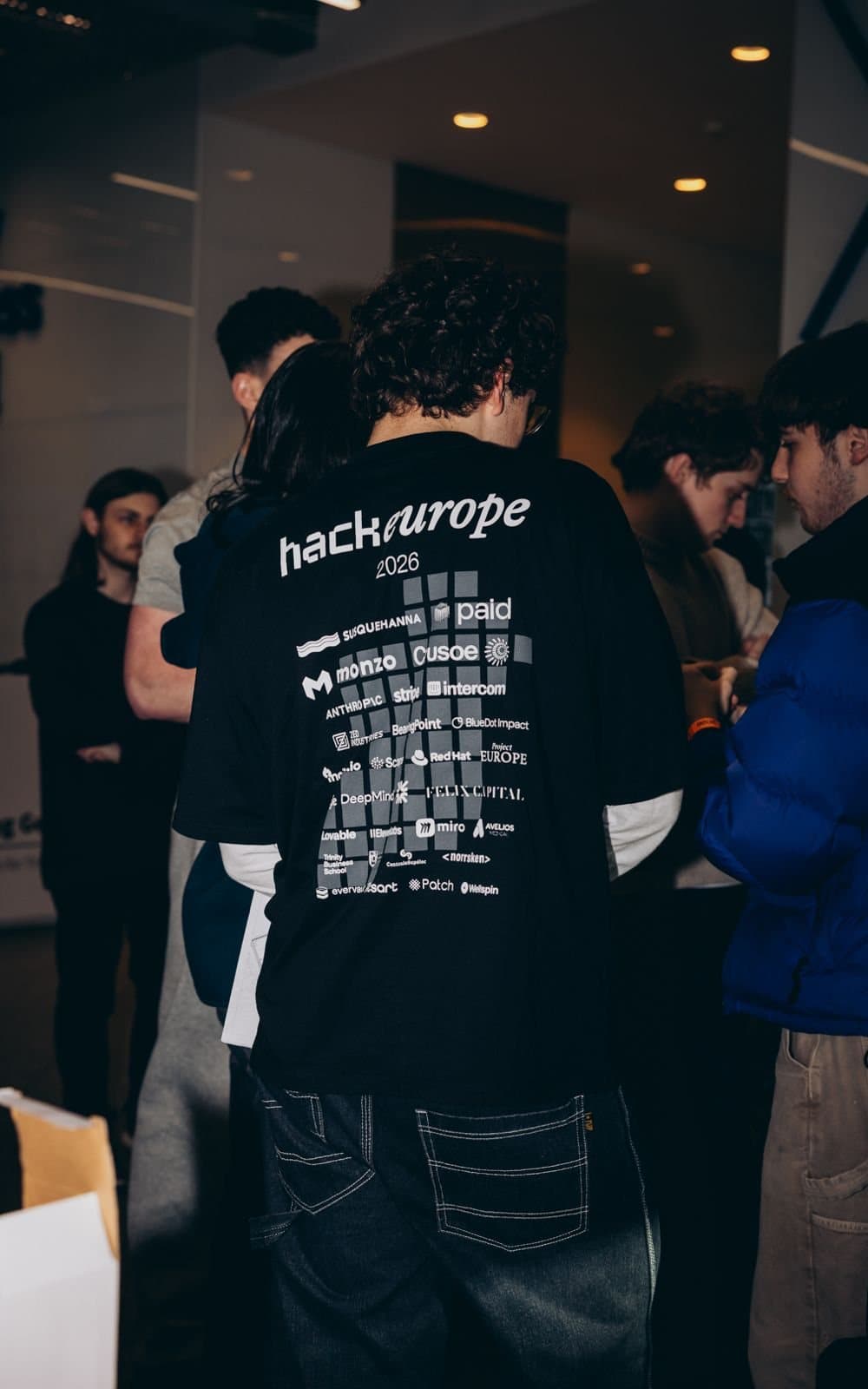 The back of a HackEurope 2026 t-shirt printed with every sponsor name